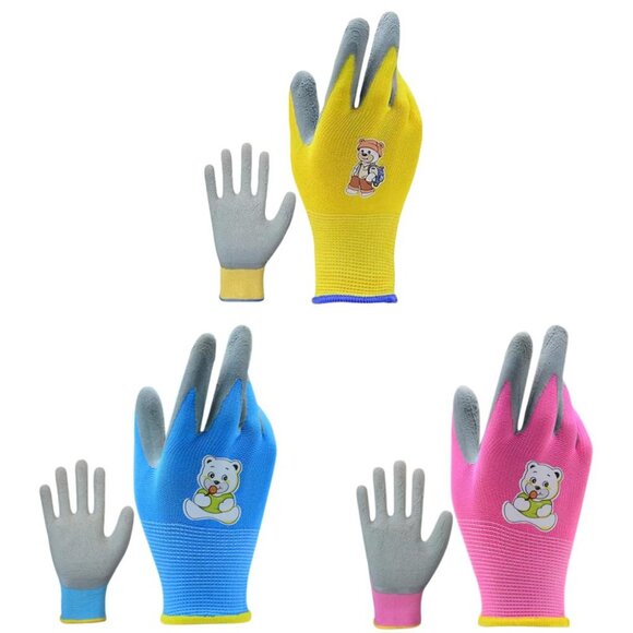 Paknada Kids Garden Gloves 3Pair Latex Coated Pink Yellow Blue Anti-Slip Cartoon - Picture 1 of 11
